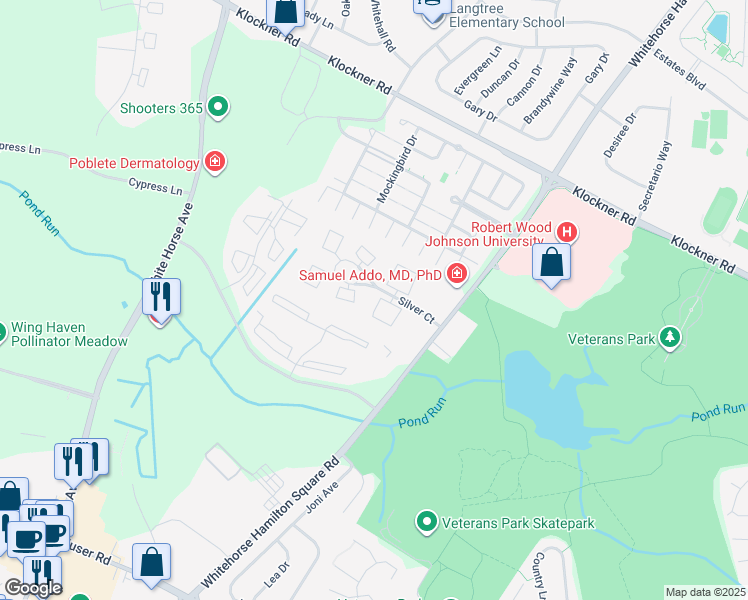 map of restaurants, bars, coffee shops, grocery stores, and more near 407 Silver Court in Hamilton Township
