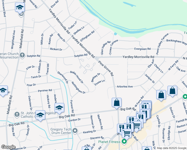 map of restaurants, bars, coffee shops, grocery stores, and more near 10 Berkley Drive in Yardley