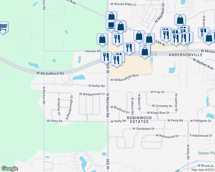 map of restaurants, bars, coffee shops, grocery stores, and more near 4901 West Keller Road in Muncie