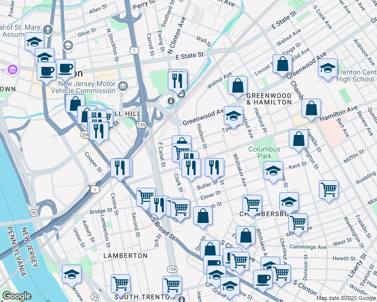 map of restaurants, bars, coffee shops, grocery stores, and more near 116 Pearl Street in Trenton