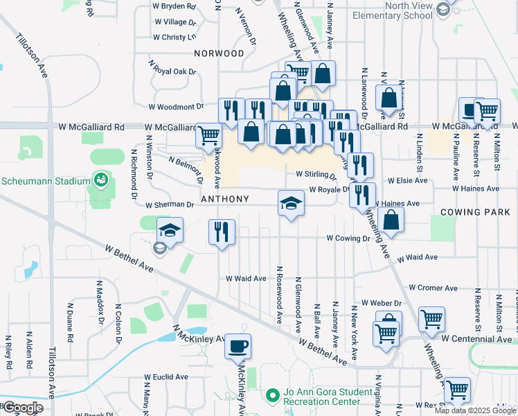 map of restaurants, bars, coffee shops, grocery stores, and more near 1717 West Glenn Ellyn Drive in Muncie