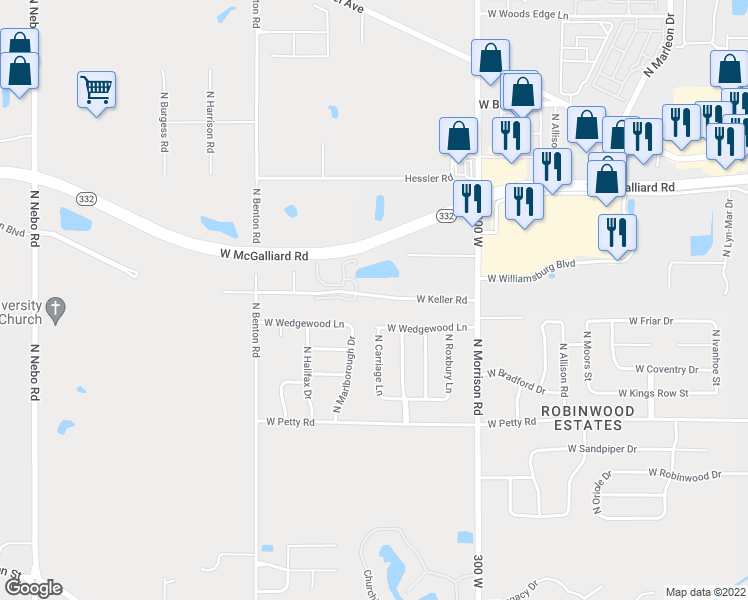 map of restaurants, bars, coffee shops, grocery stores, and more near 5225 West Keller Road in Muncie