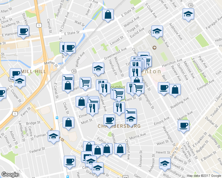 map of restaurants, bars, coffee shops, grocery stores, and more near 419 Chestnut Avenue in Trenton