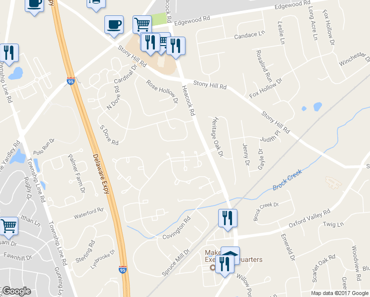 map of restaurants, bars, coffee shops, grocery stores, and more near 1624 Covington Road in Yardley