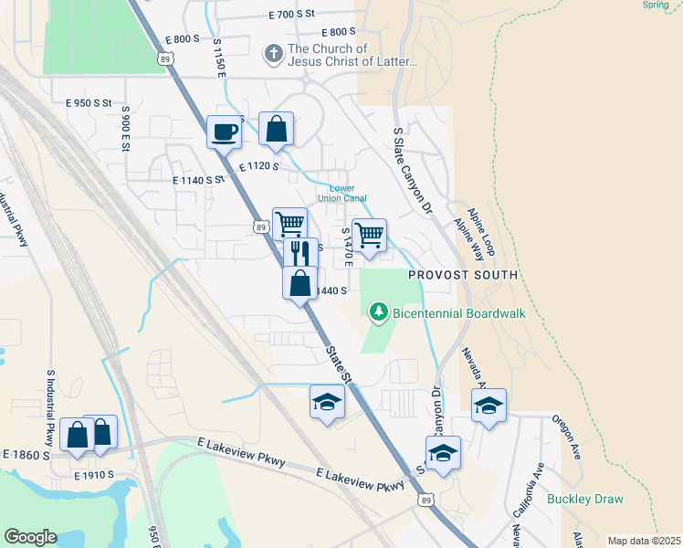 map of restaurants, bars, coffee shops, grocery stores, and more near 1454 East 1370 South in Provo