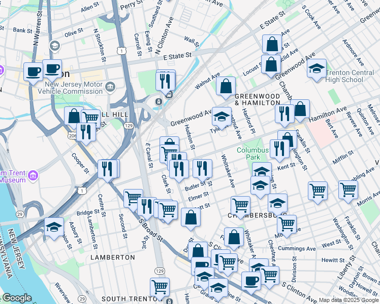map of restaurants, bars, coffee shops, grocery stores, and more near 151 Pearl Street in Trenton