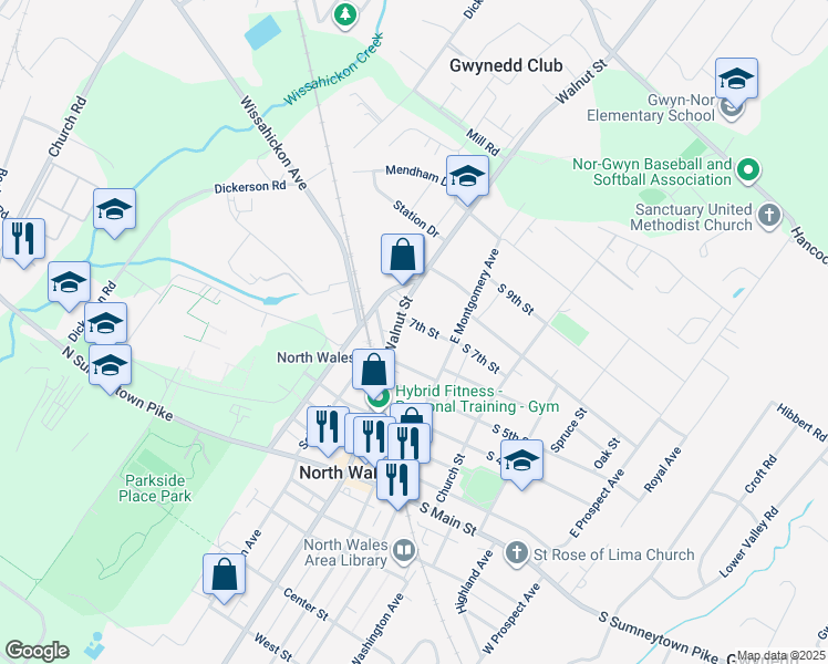 map of restaurants, bars, coffee shops, grocery stores, and more near 100 South 7th Street in North Wales