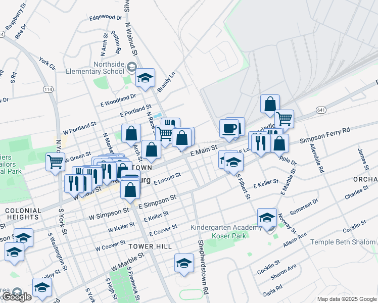 map of restaurants, bars, coffee shops, grocery stores, and more near 311 East Main Street in Mechanicsburg