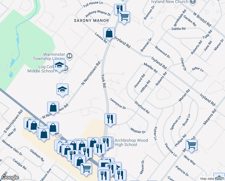 map of restaurants, bars, coffee shops, grocery stores, and more near 885 York Road in Warminster