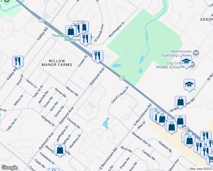 map of restaurants, bars, coffee shops, grocery stores, and more near 158 Fairway Drive in Warminster