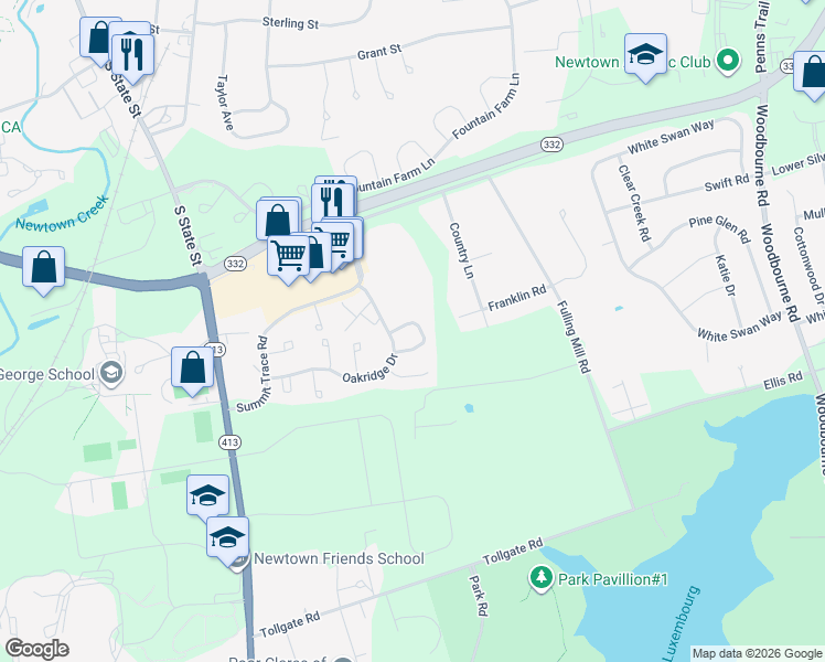 map of restaurants, bars, coffee shops, grocery stores, and more near 309 Woods Edge Place in Langhorne
