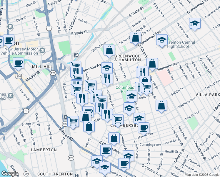 map of restaurants, bars, coffee shops, grocery stores, and more near 343 Hamilton Avenue in Trenton