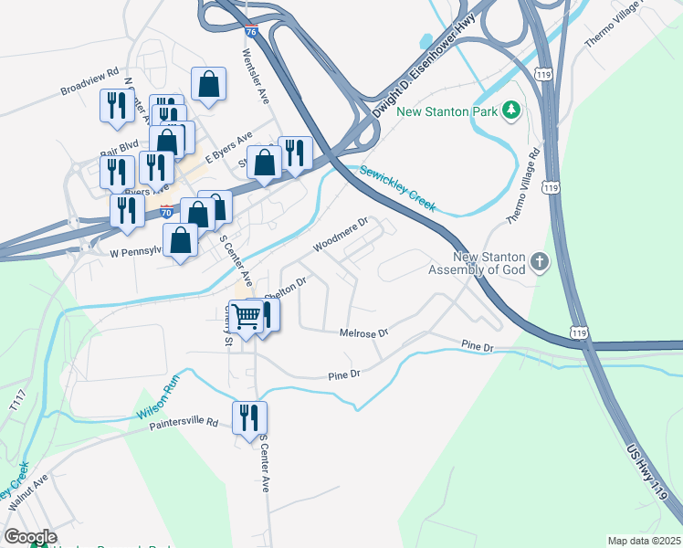 map of restaurants, bars, coffee shops, grocery stores, and more near 133 Florence Drive in New Stanton