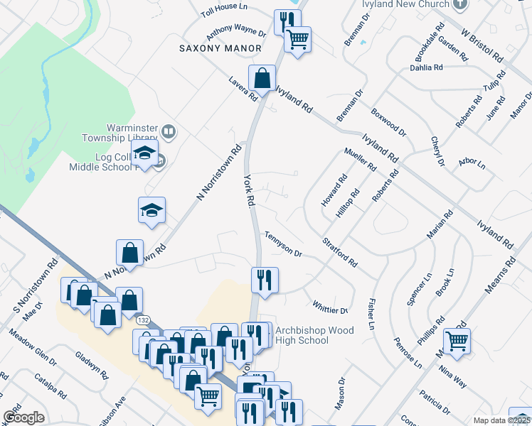 map of restaurants, bars, coffee shops, grocery stores, and more near 885 York Road in Warminster