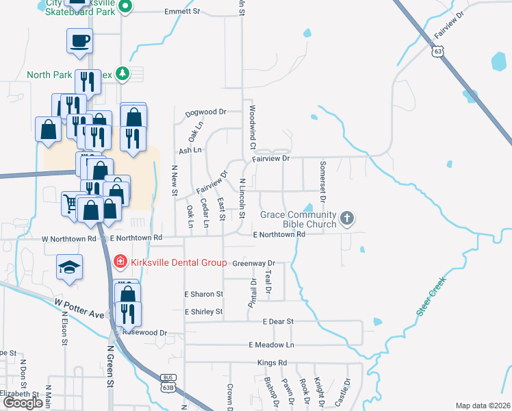 map of restaurants, bars, coffee shops, grocery stores, and more near 2201 Crestline Drive in Kirksville
