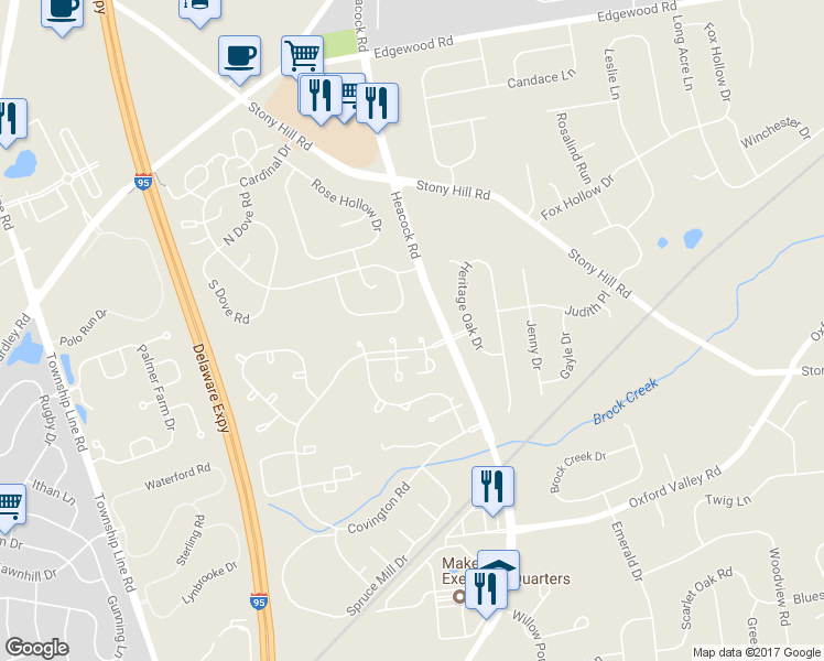 map of restaurants, bars, coffee shops, grocery stores, and more near 1610 Covington Road in Yardley