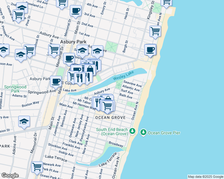 map of restaurants, bars, coffee shops, grocery stores, and more near 56 Asbury Avenue in Neptune Township