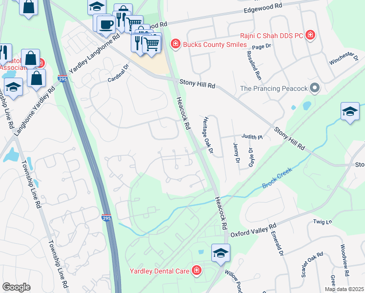 map of restaurants, bars, coffee shops, grocery stores, and more near 1610 Covington Road in Yardley
