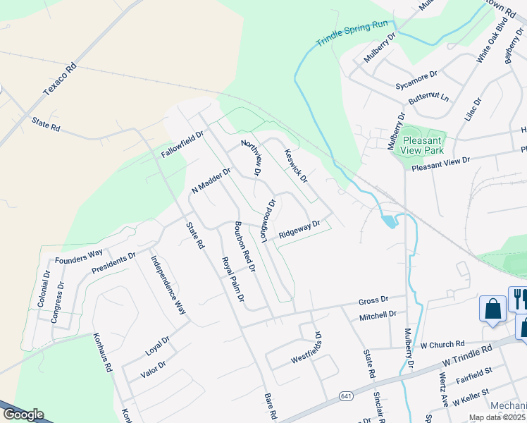 map of restaurants, bars, coffee shops, grocery stores, and more near 47 Longwood Drive in Mechanicsburg