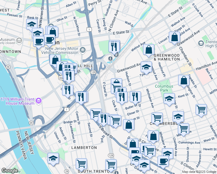 map of restaurants, bars, coffee shops, grocery stores, and more near 11 Tyler Street in Trenton