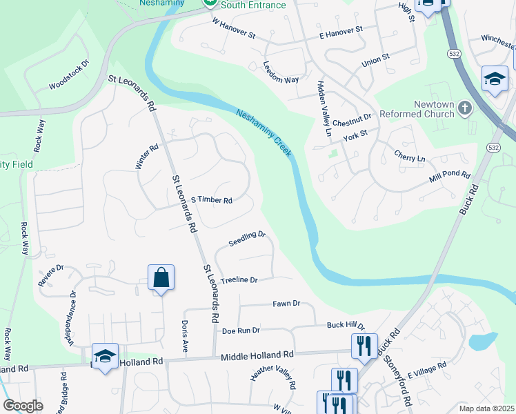 map of restaurants, bars, coffee shops, grocery stores, and more near 28 Mulberry Drive in Bucks County