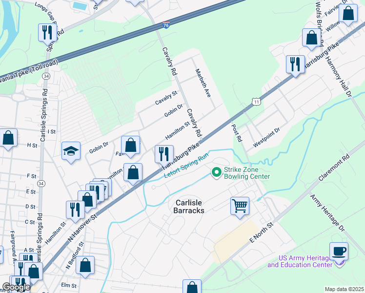map of restaurants, bars, coffee shops, grocery stores, and more near 918 Harrisburg Pike in Carlisle