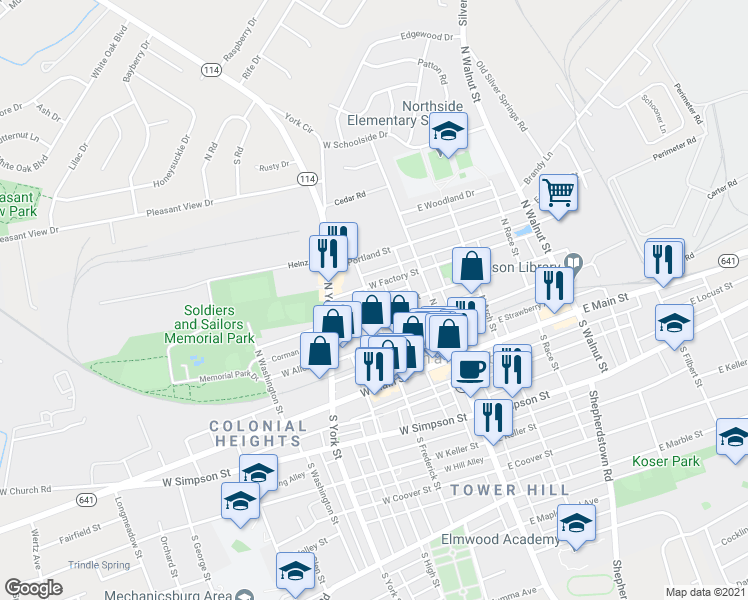 map of restaurants, bars, coffee shops, grocery stores, and more near 202 North Frederick Street in Mechanicsburg