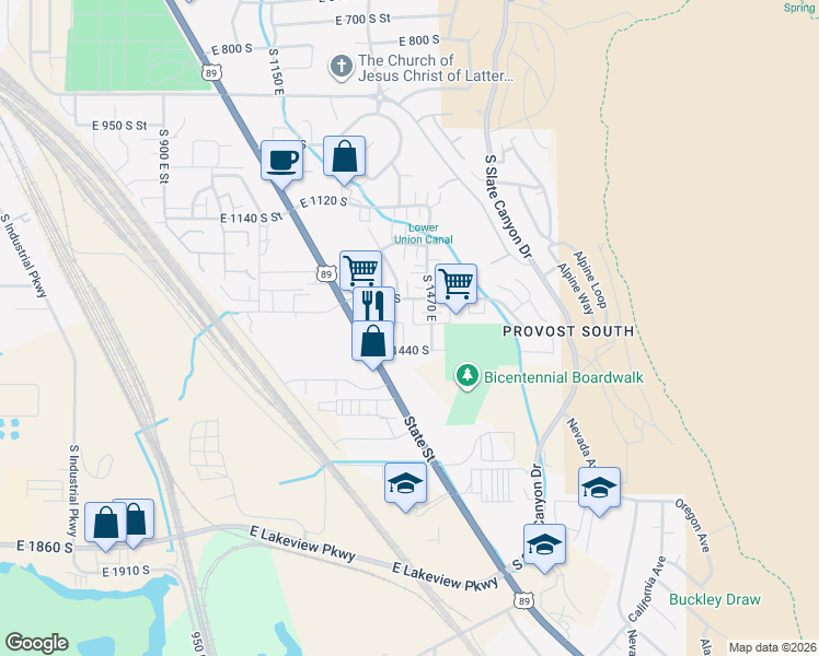 map of restaurants, bars, coffee shops, grocery stores, and more near 1398 South 1470 East in Provo