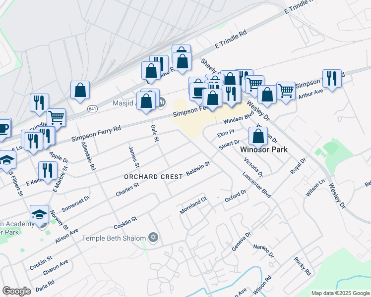 map of restaurants, bars, coffee shops, grocery stores, and more near 1112 East Coover Street in Mechanicsburg