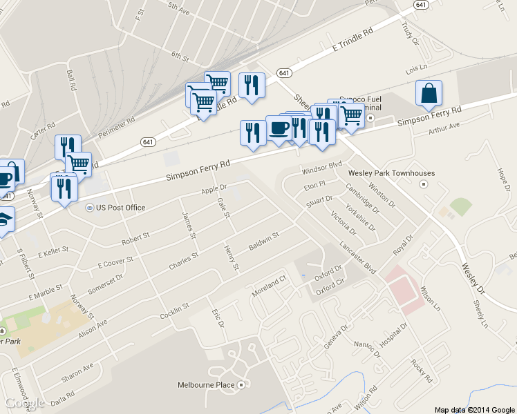 map of restaurants, bars, coffee shops, grocery stores, and more near 1112 East Coover Street in Mechanicsburg
