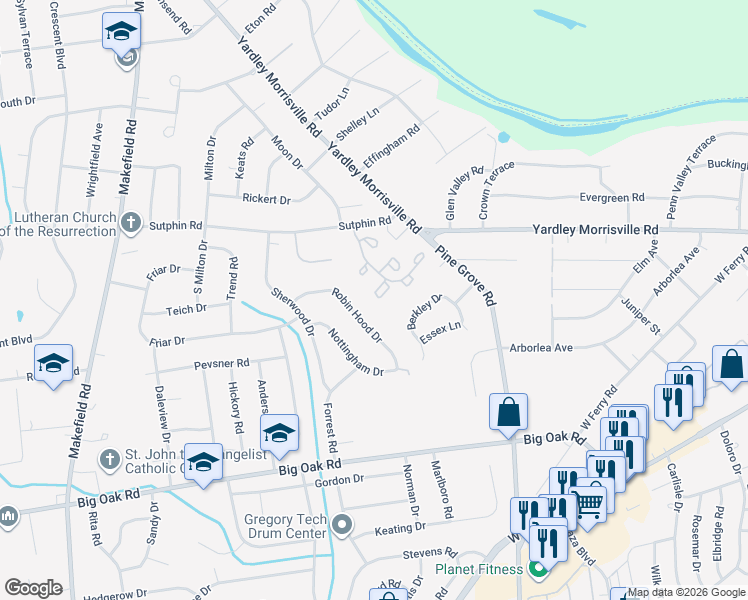 map of restaurants, bars, coffee shops, grocery stores, and more near 81 Sutphin Pines in Yardley