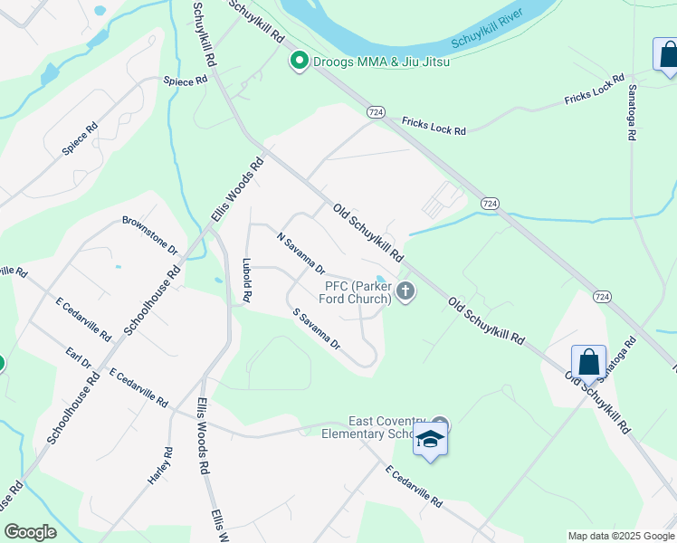 map of restaurants, bars, coffee shops, grocery stores, and more near 74 North Savanna Drive in Pottstown