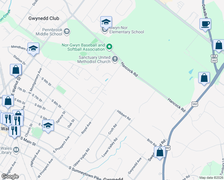 map of restaurants, bars, coffee shops, grocery stores, and more near 1315 East Prospect Avenue in North Wales