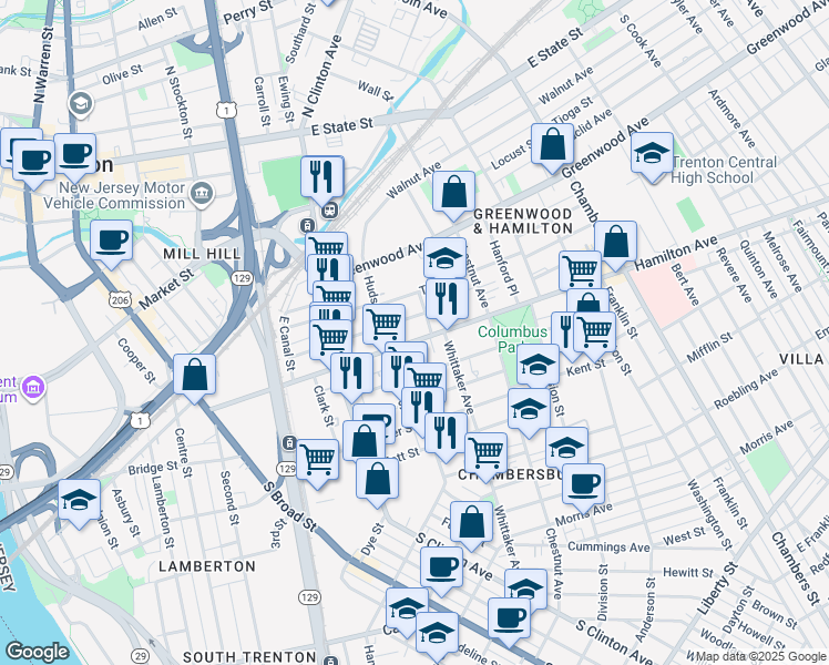 map of restaurants, bars, coffee shops, grocery stores, and more near 292 Hamilton Avenue in Trenton