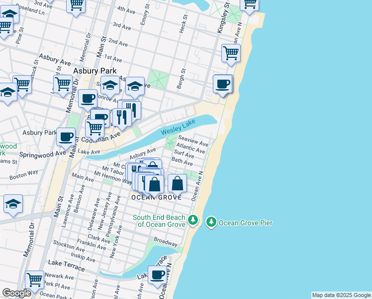 map of restaurants, bars, coffee shops, grocery stores, and more near 21 Surf Avenue in Neptune Township