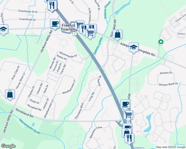 map of restaurants, bars, coffee shops, grocery stores, and more near 20-1 Augusta Court in Freehold Township
