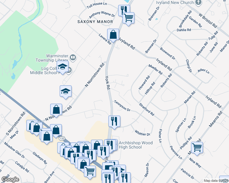 map of restaurants, bars, coffee shops, grocery stores, and more near 885 York Road in Warminster