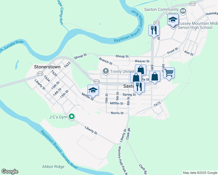 map of restaurants, bars, coffee shops, grocery stores, and more near 516 Miller Heights in Saxton
