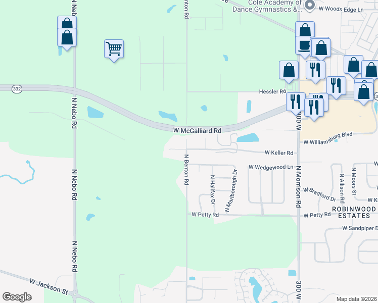 map of restaurants, bars, coffee shops, grocery stores, and more near 5611 West Keller Road in Muncie