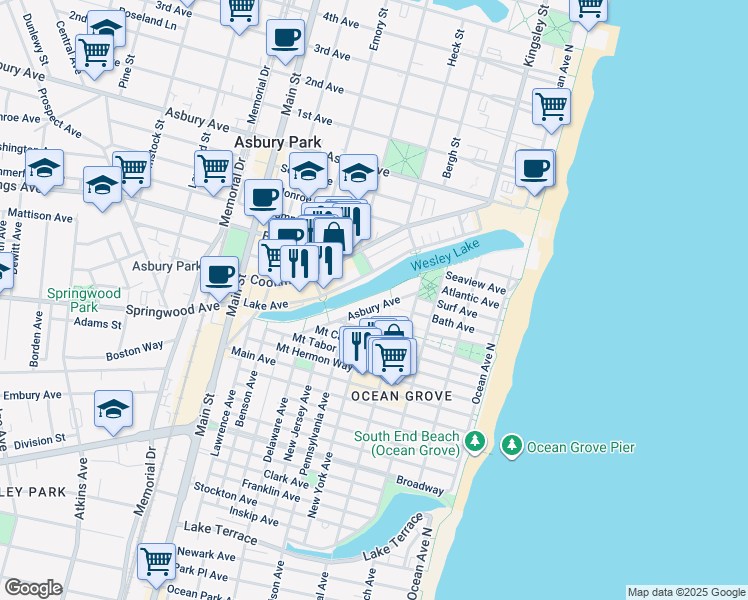 map of restaurants, bars, coffee shops, grocery stores, and more near 66 Asbury Avenue in Neptune Township