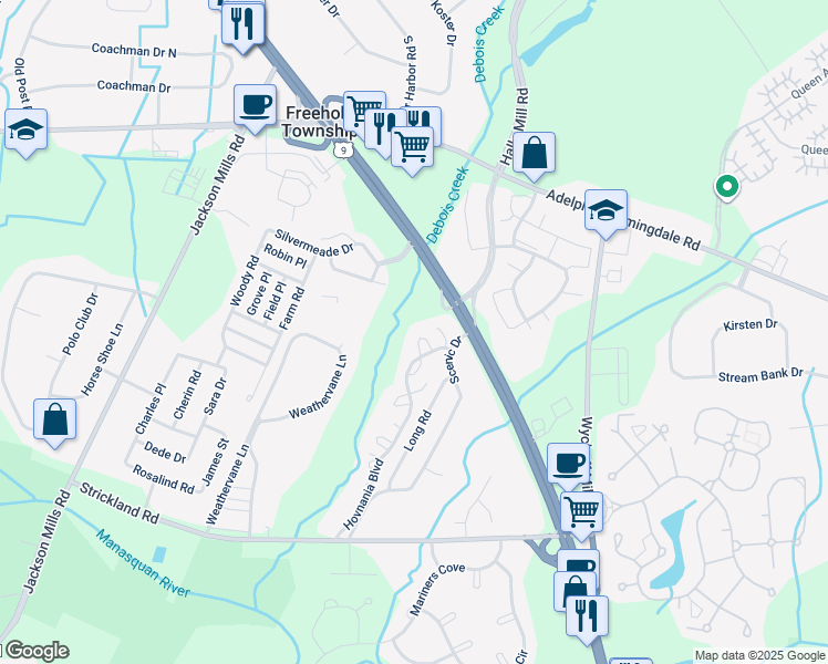 map of restaurants, bars, coffee shops, grocery stores, and more near 20-1 Augusta Court in Freehold Township