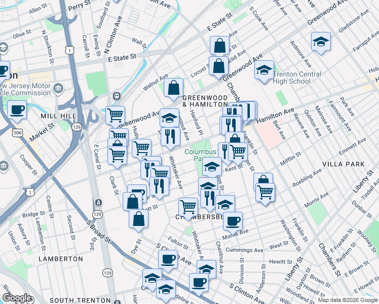 map of restaurants, bars, coffee shops, grocery stores, and more near 419 Chestnut Avenue in Trenton