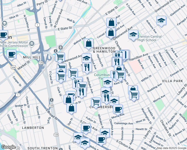 map of restaurants, bars, coffee shops, grocery stores, and more near 419 Chestnut Avenue in Trenton
