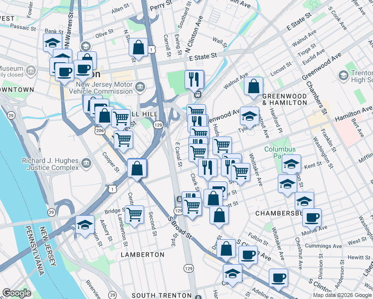 map of restaurants, bars, coffee shops, grocery stores, and more near 11 Tyler Street in Trenton