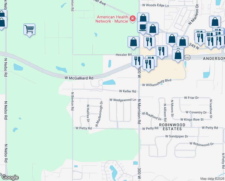 map of restaurants, bars, coffee shops, grocery stores, and more near 5105 West Keller Road in Muncie