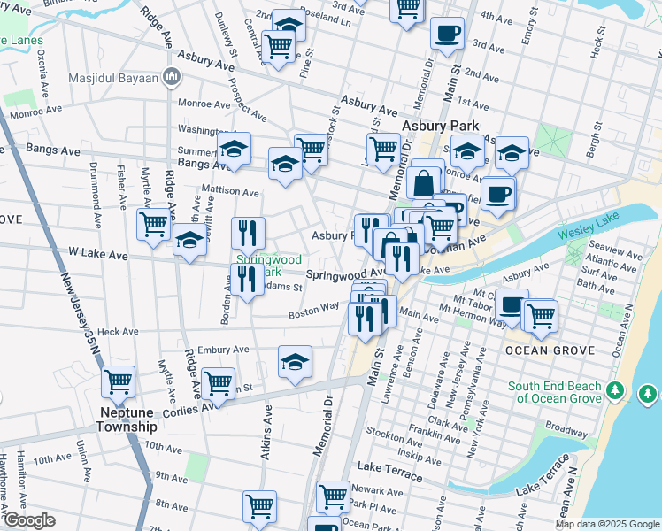 map of restaurants, bars, coffee shops, grocery stores, and more near 1001 Springwood Avenue in Asbury Park