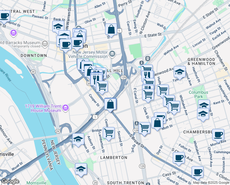 map of restaurants, bars, coffee shops, grocery stores, and more near 261 Mercer Street in Trenton