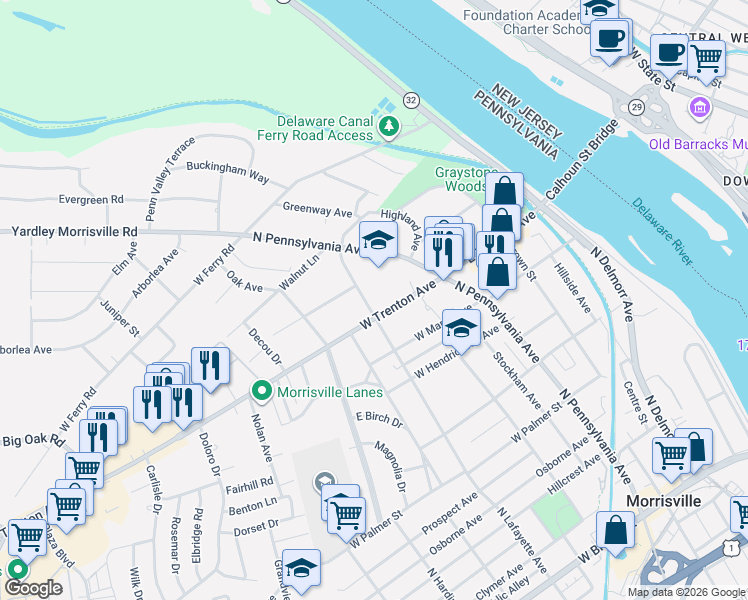 map of restaurants, bars, coffee shops, grocery stores, and more near 88 West Trenton Avenue in Morrisville