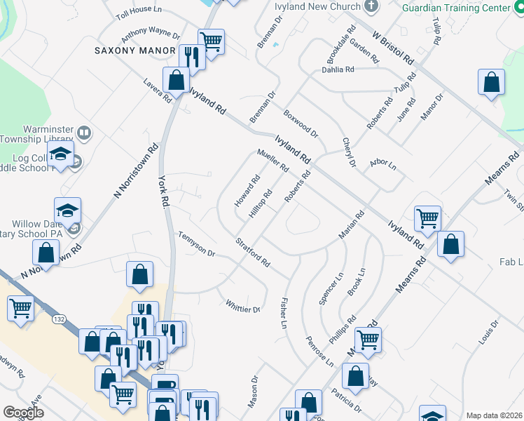 map of restaurants, bars, coffee shops, grocery stores, and more near 979 Roberts Road in Warminster