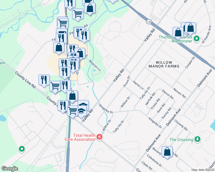 map of restaurants, bars, coffee shops, grocery stores, and more near 192 Valley Road in Warminster
